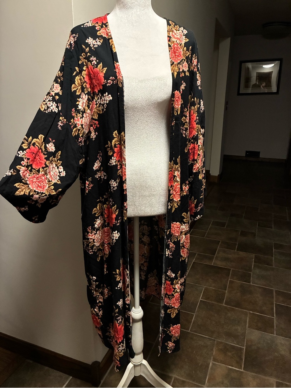 Forever 21 Black Floral Open-Front Kimono with Coral and Blush Flowers